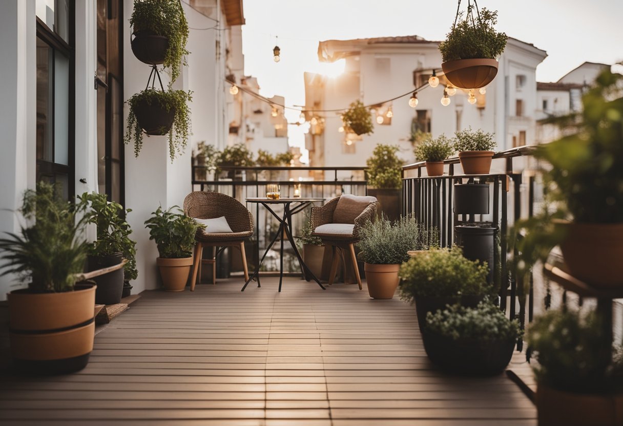 A cozy balcony with potted plants, a small bistro set, and string lights creating a warm and inviting atmosphere