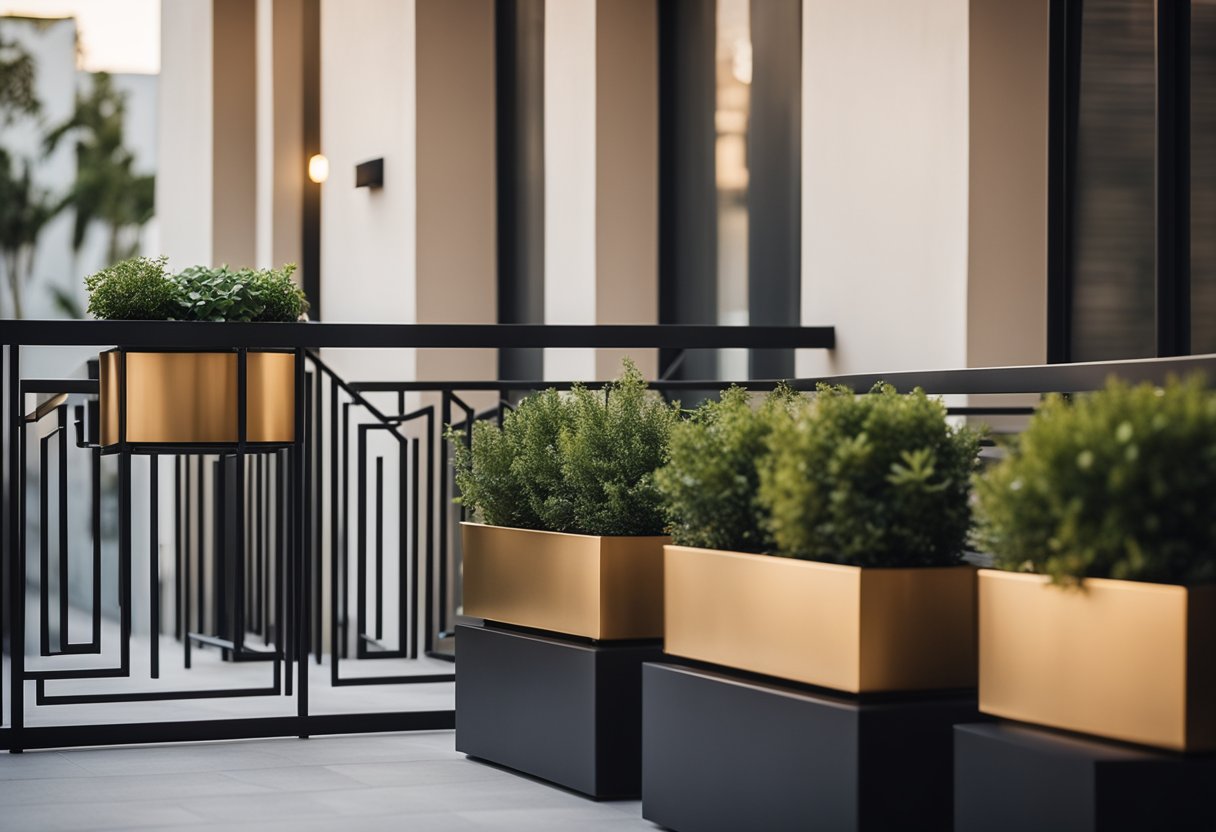 A modern balcony front wall with sleek metal railings and built-in planter boxes, accented with ambient lighting and geometric patterns