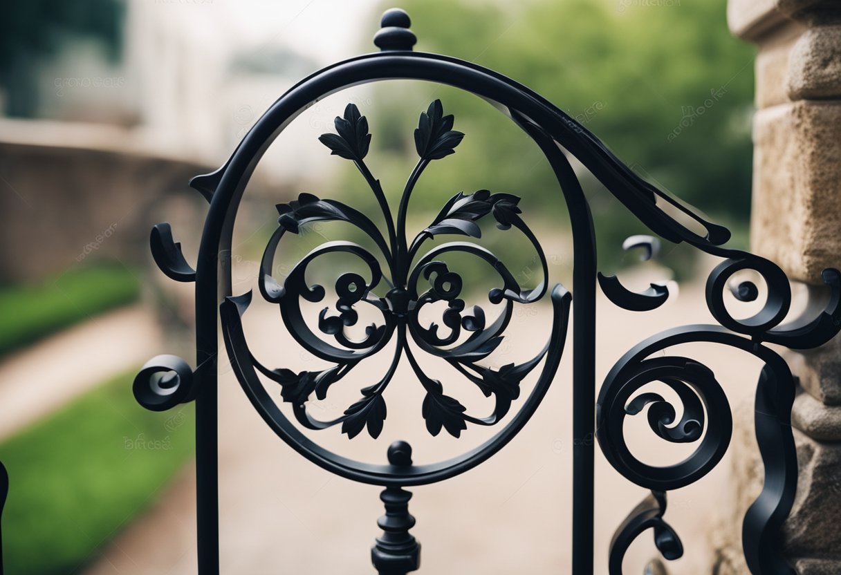A decorative wrought iron balcony railing adorns the front wall, with intricate scrollwork and floral motifs