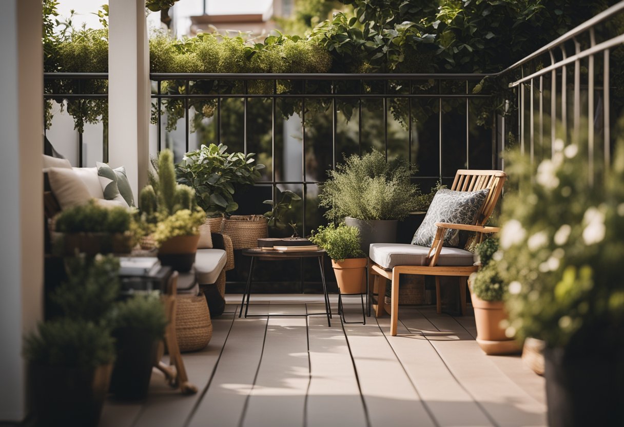 A cozy balcony adorned with potted plants, comfortable seating, and ambient lighting, creating a serene outdoor retreat