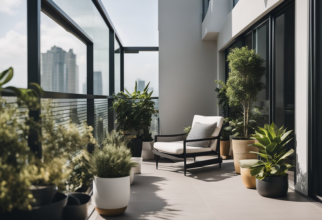 A modern balcony with sleek, minimalist furniture and vibrant potted plants. Clean lines and a mix of textures create a contemporary and inviting space