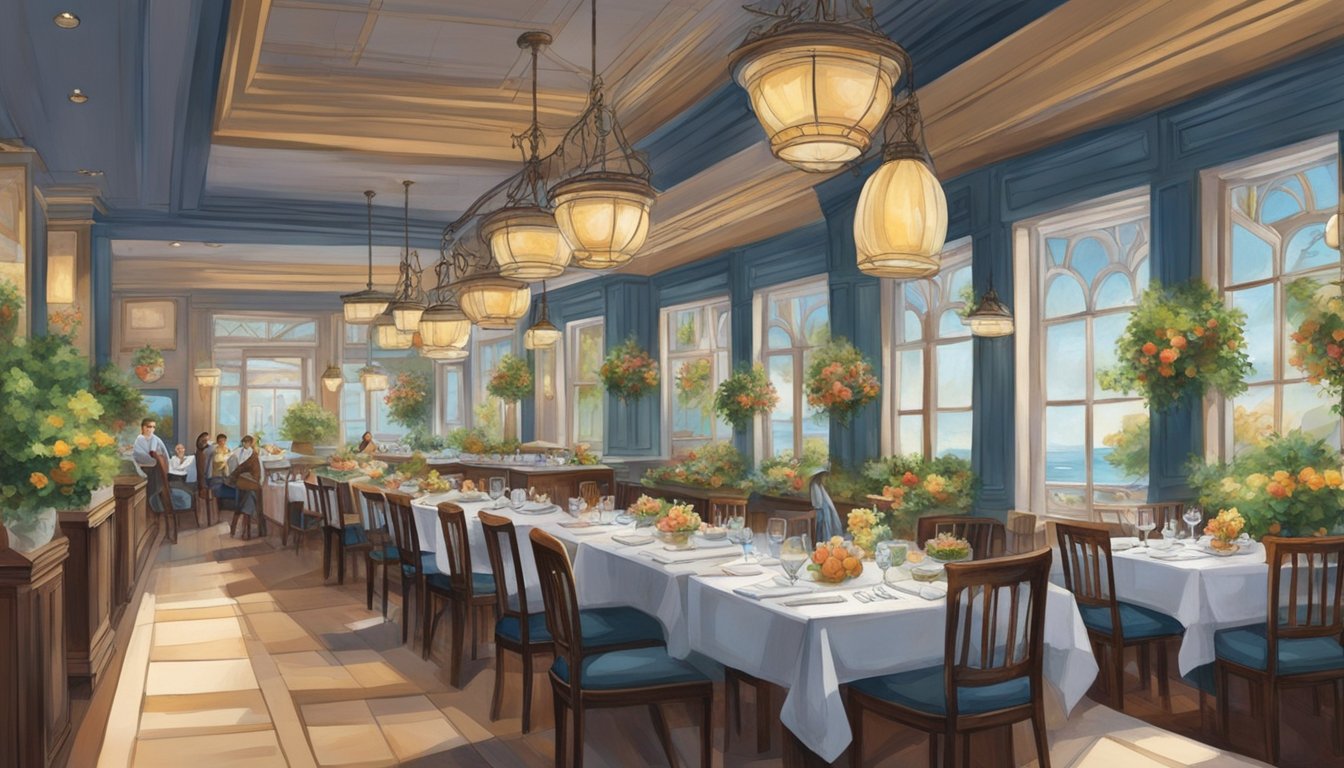 The restaurant is bustling with diners, the aroma of fresh seafood fills the air. Tables are adorned with elegant tableware and vibrant floral centerpieces, creating a warm and inviting atmosphere