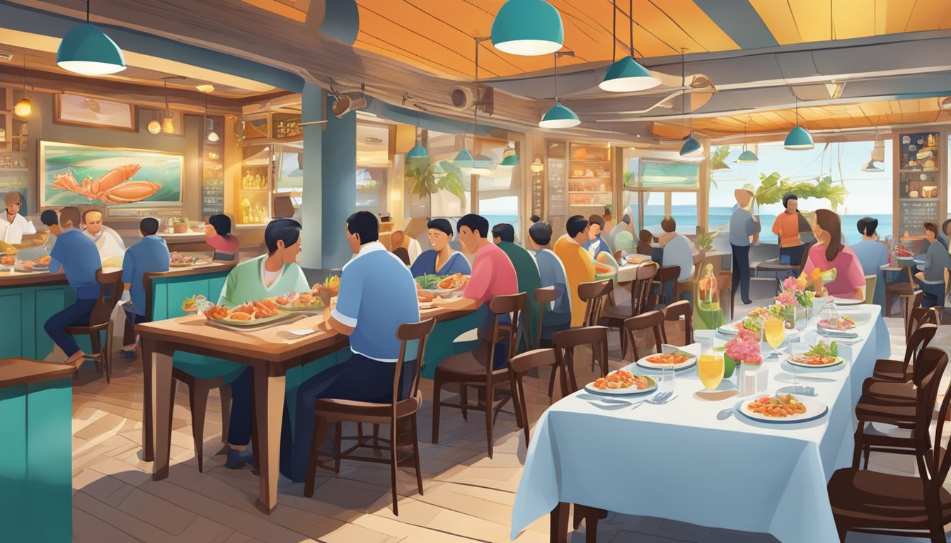A bustling seafood restaurant with colorful dishes and lively atmosphere