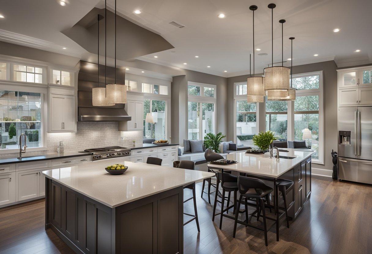 A spacious kitchen island with seating for four, featuring sleek countertops, modern bar stools, and pendant lighting above