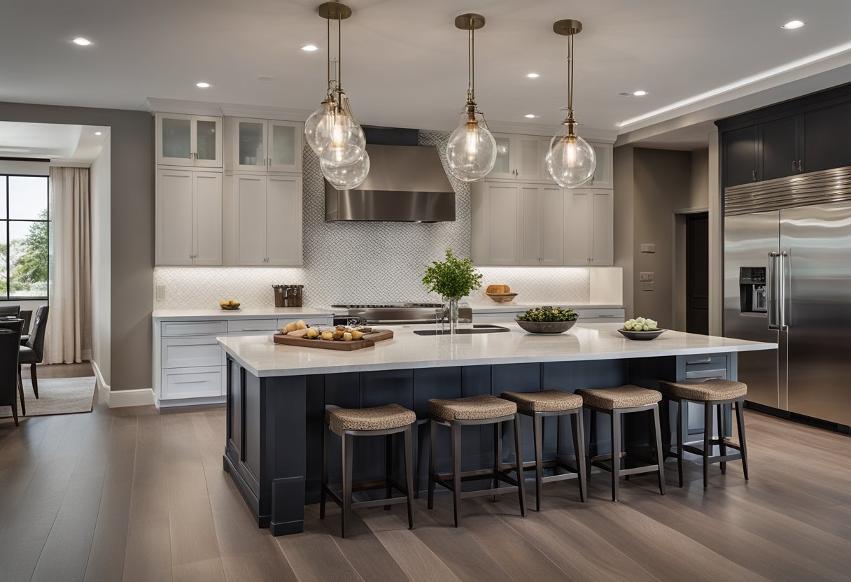 A spacious kitchen with a large island at its center, featuring seating for four people. The island is equipped with sleek countertops and modern fixtures