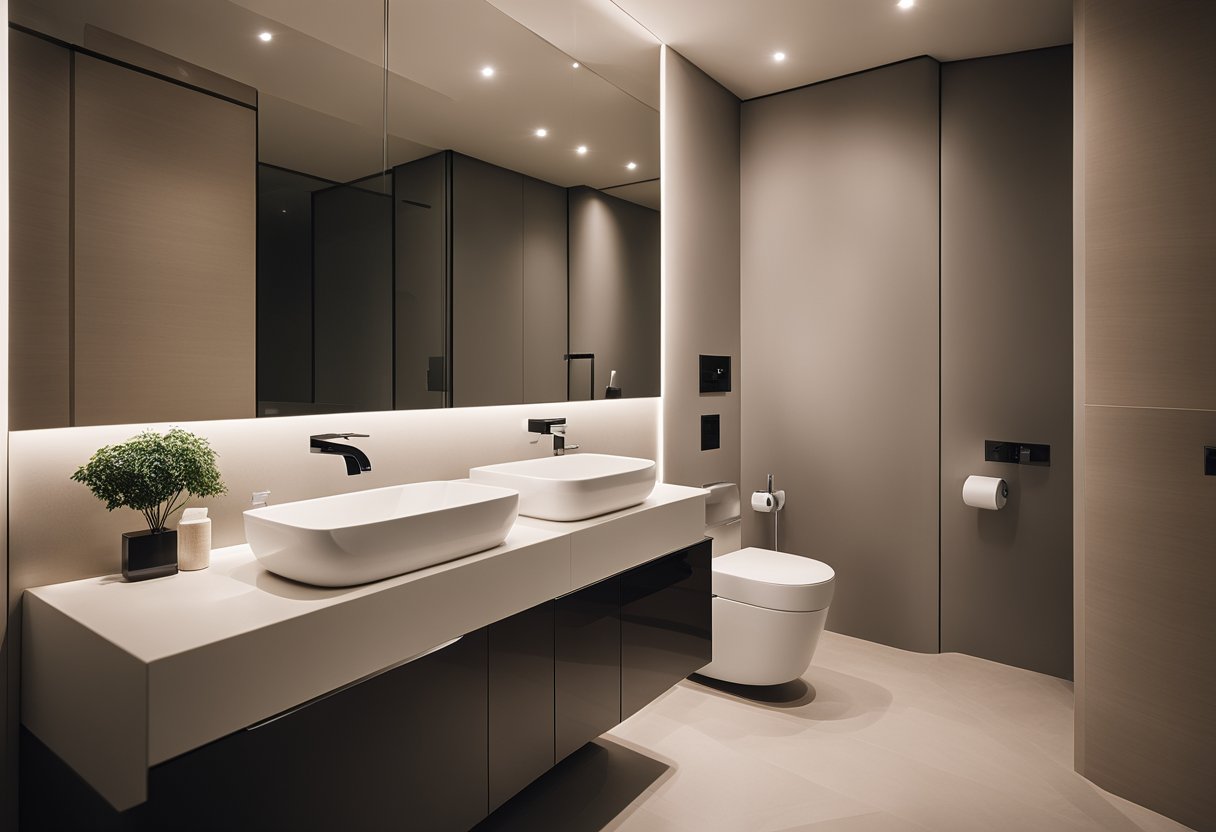 A modern HDB toilet with a sleek bathtub, minimalist design, and soft lighting