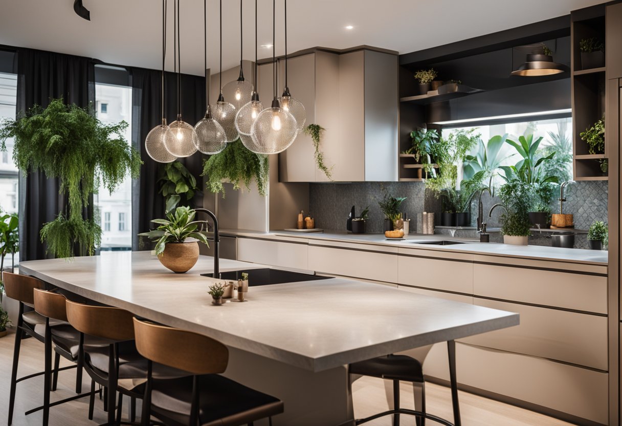 A modern kitchen island with sleek seating for four, surrounded by pendant lights and adorned with decorative bowls and plants