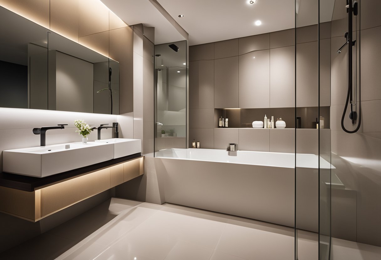 A modern HDB toilet with a sleek bathtub, surrounded by minimalist tiles and a large mirror, with soft lighting and contemporary fixtures