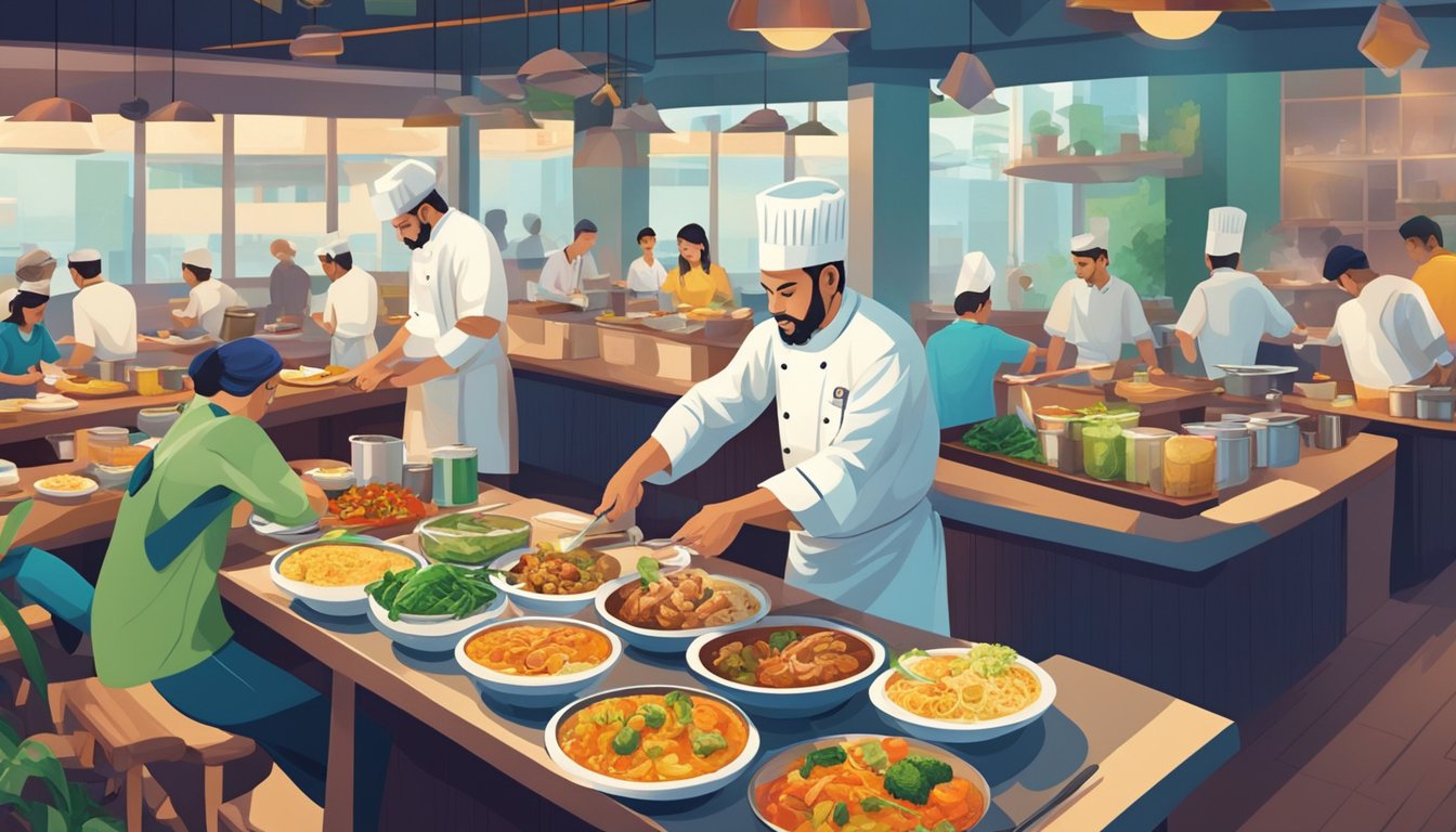 People enjoying diverse halal dishes in a bustling Singapore restaurant. A chef prepares aromatic dishes in an open kitchen. Rich colors and tantalizing aromas fill the vibrant space