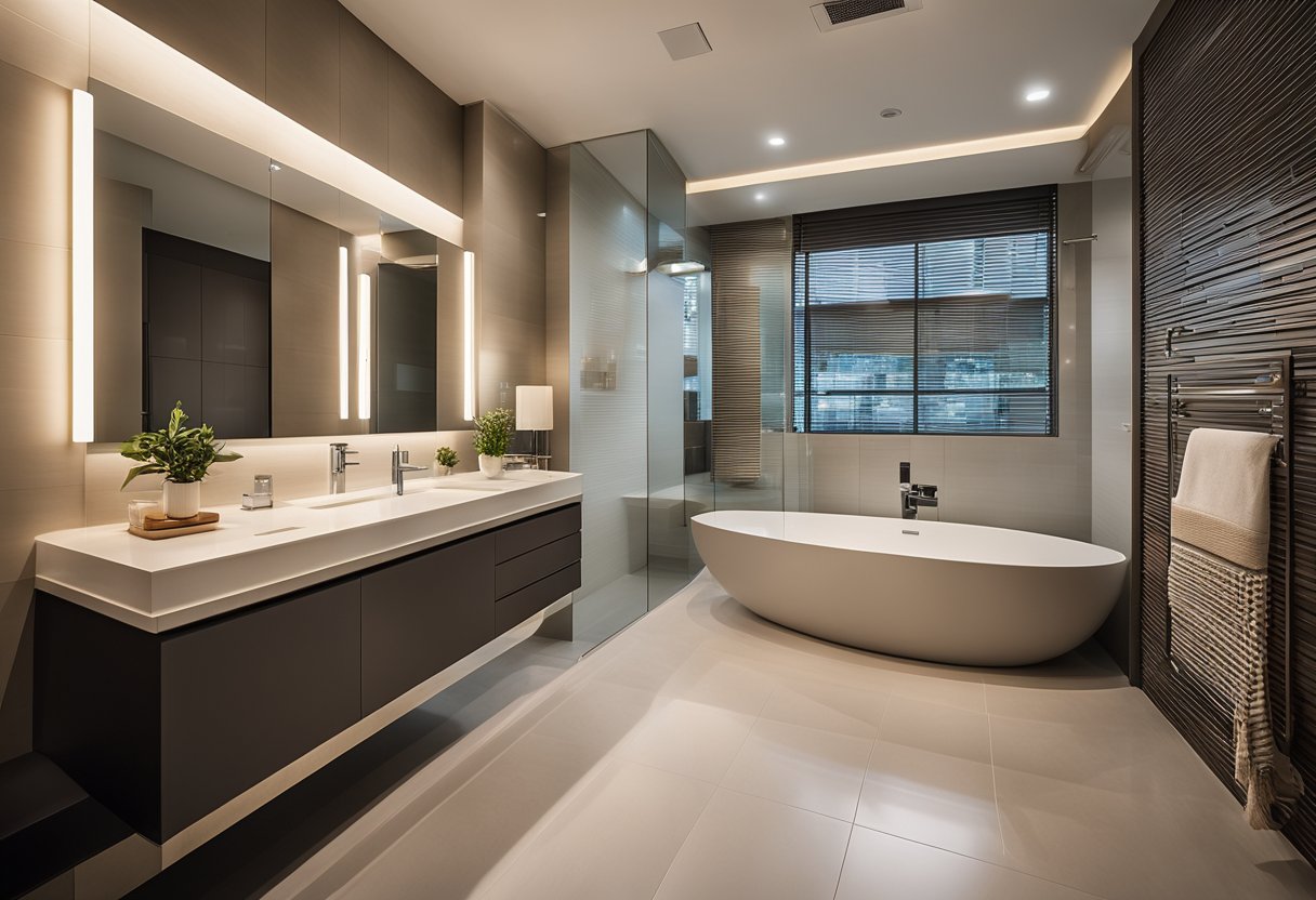 A modern HDB bathroom with sleek tiles, a luxurious bathtub, and stylish accessories like a sleek mirror, elegant towel rack, and minimalist soap dispenser