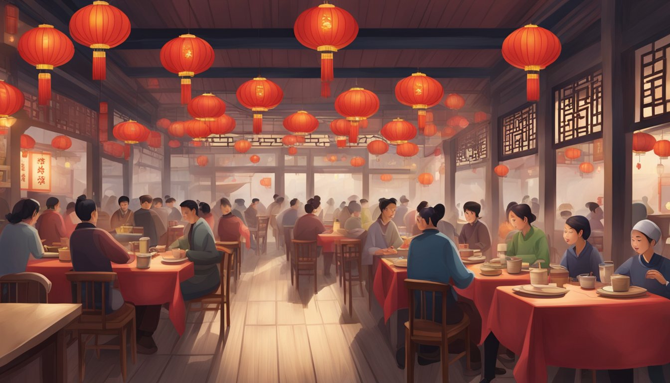 A bustling Chinese restaurant with red lanterns, wooden tables, and a steaming kitchen