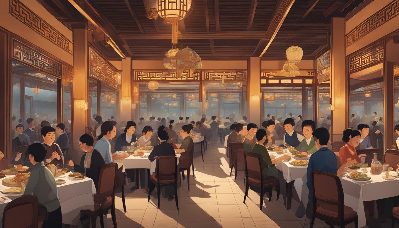 A bustling restaurant with ornate decor, dim lighting, and steaming plates of traditional Chinese cuisine being served to eager diners