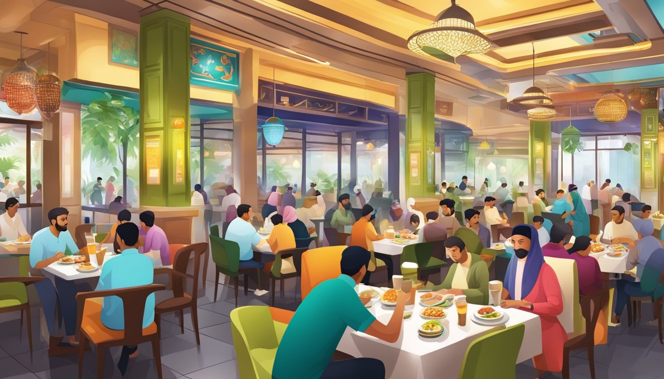 A bustling halal restaurant in Singapore, with colorful decor and a diverse crowd enjoying delicious halal dining experiences