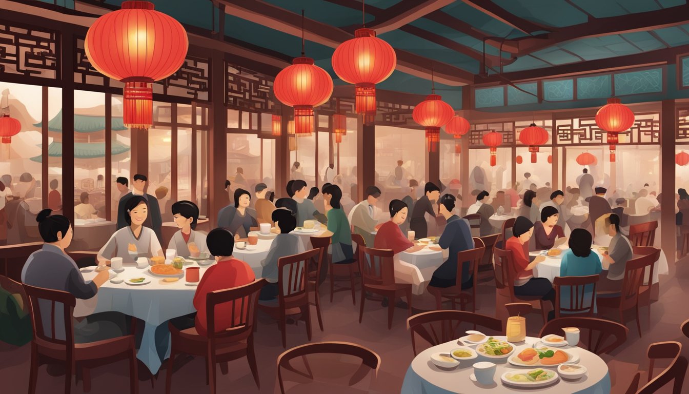 A bustling Cantonese restaurant with red lanterns, round tables, and steaming dim sum carts