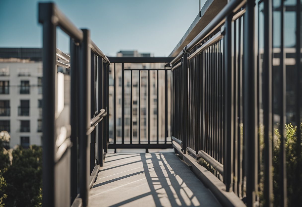 A square pipe railing runs along the edge of a balcony, with evenly spaced vertical bars and a top rail for safety