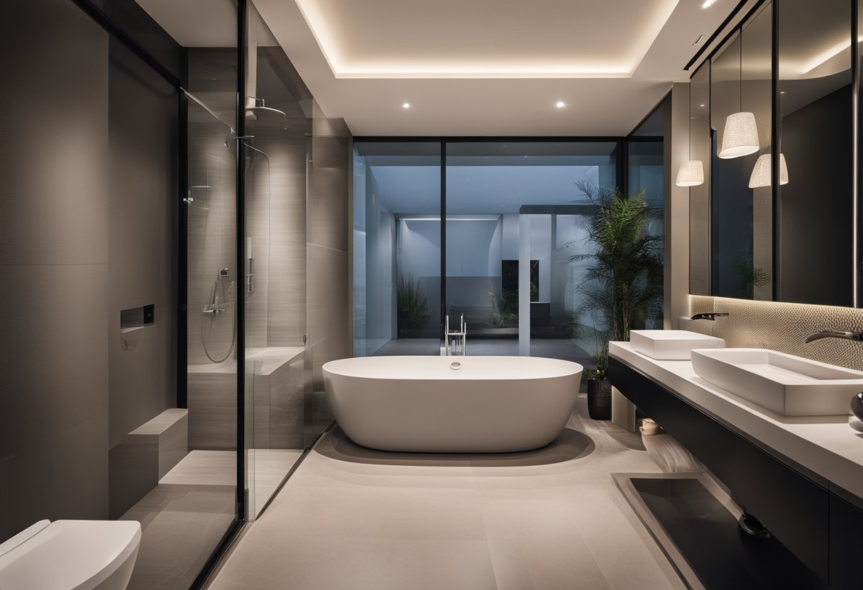 A modern bathroom with a spacious bathtub, sleek toilet, and stylish design elements