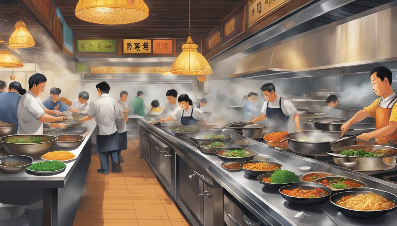 The bustling kitchen of Wah Lok Cantonese Restaurant, filled with sizzling woks, steaming pots, and colorful ingredients
