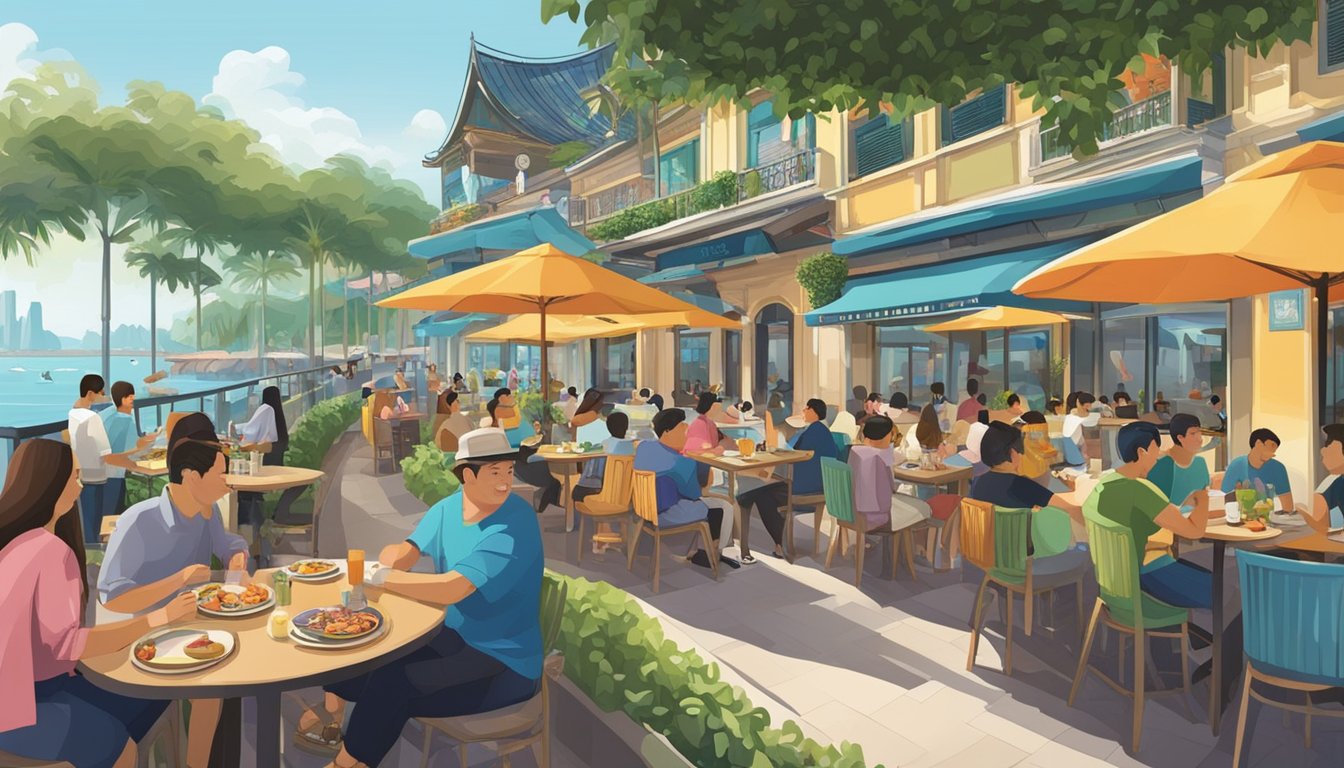 Colorful Sentosa restaurants line the bustling promenade, with diners enjoying ocean views and savoring diverse cuisines