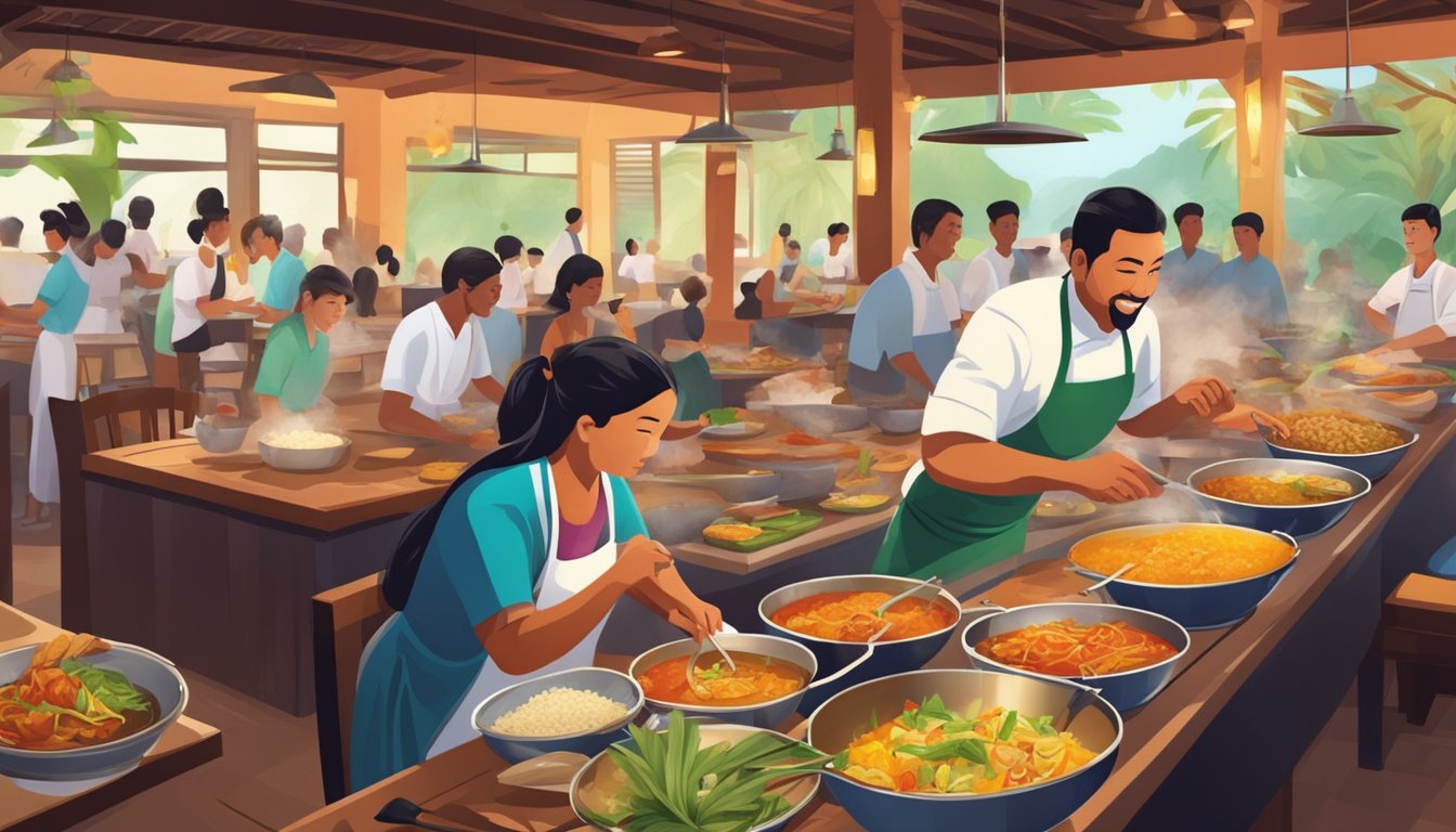Customers enjoying colorful dishes in a bustling Thai restaurant. A chef prepares spicy curries in the open kitchen, while the aroma of lemongrass and coconut fills the air