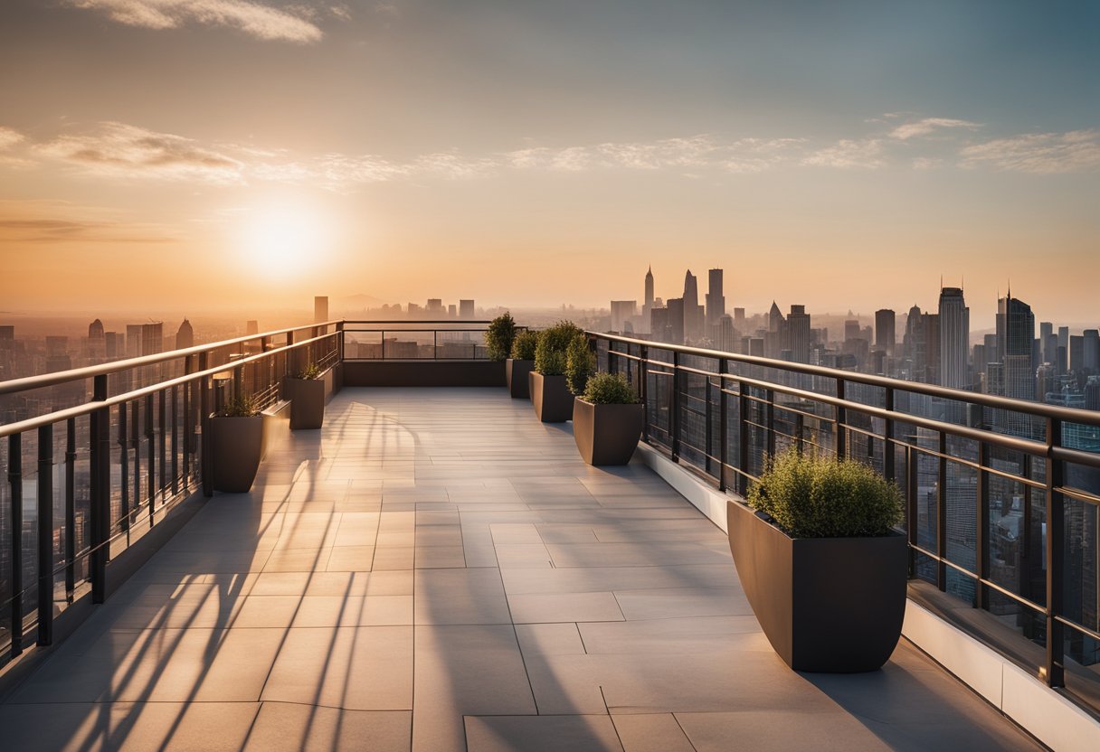 A balcony with square pipe railings overlooks a city skyline at sunset. The modern design features clean lines and a sleek, minimalist aesthetic