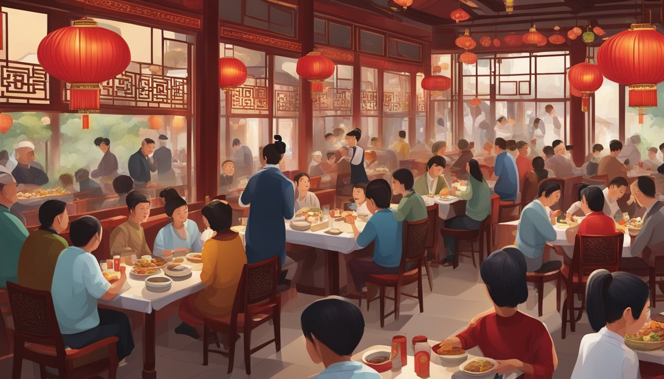 A bustling restaurant with ornate decor, red lanterns, and bustling waitstaff serving traditional Chinese dishes to a diverse crowd