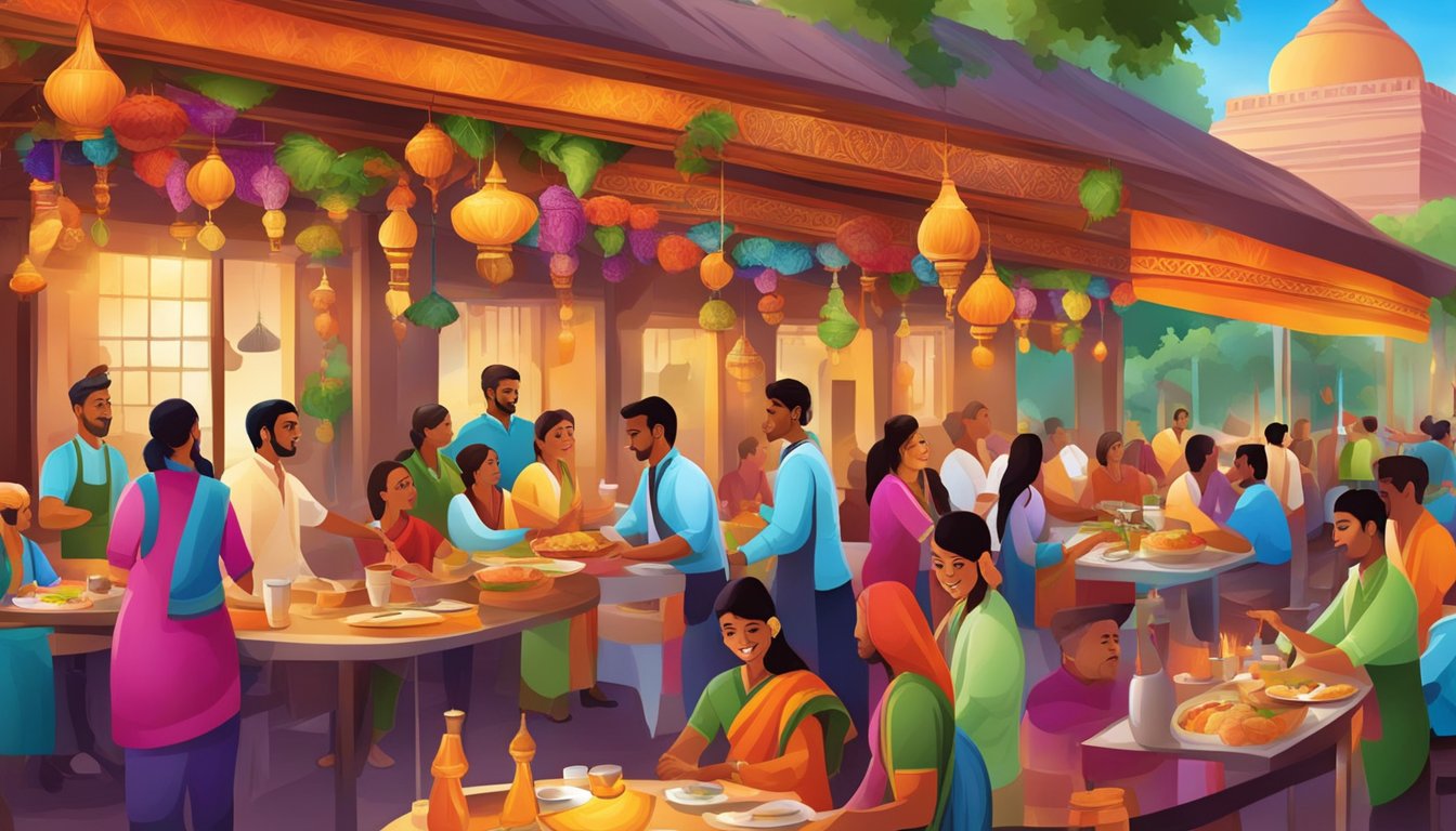 Vibrant Indian restaurant scene with colorful decor, aromatic spices, sizzling tandoori dishes, and bustling waitstaff