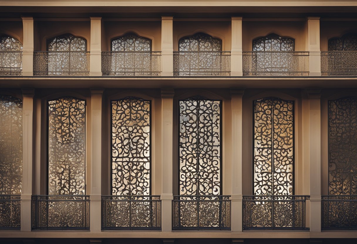 A decorative window grill with intricate patterns, installed on a balcony, featuring a "Frequently Asked Questions" design