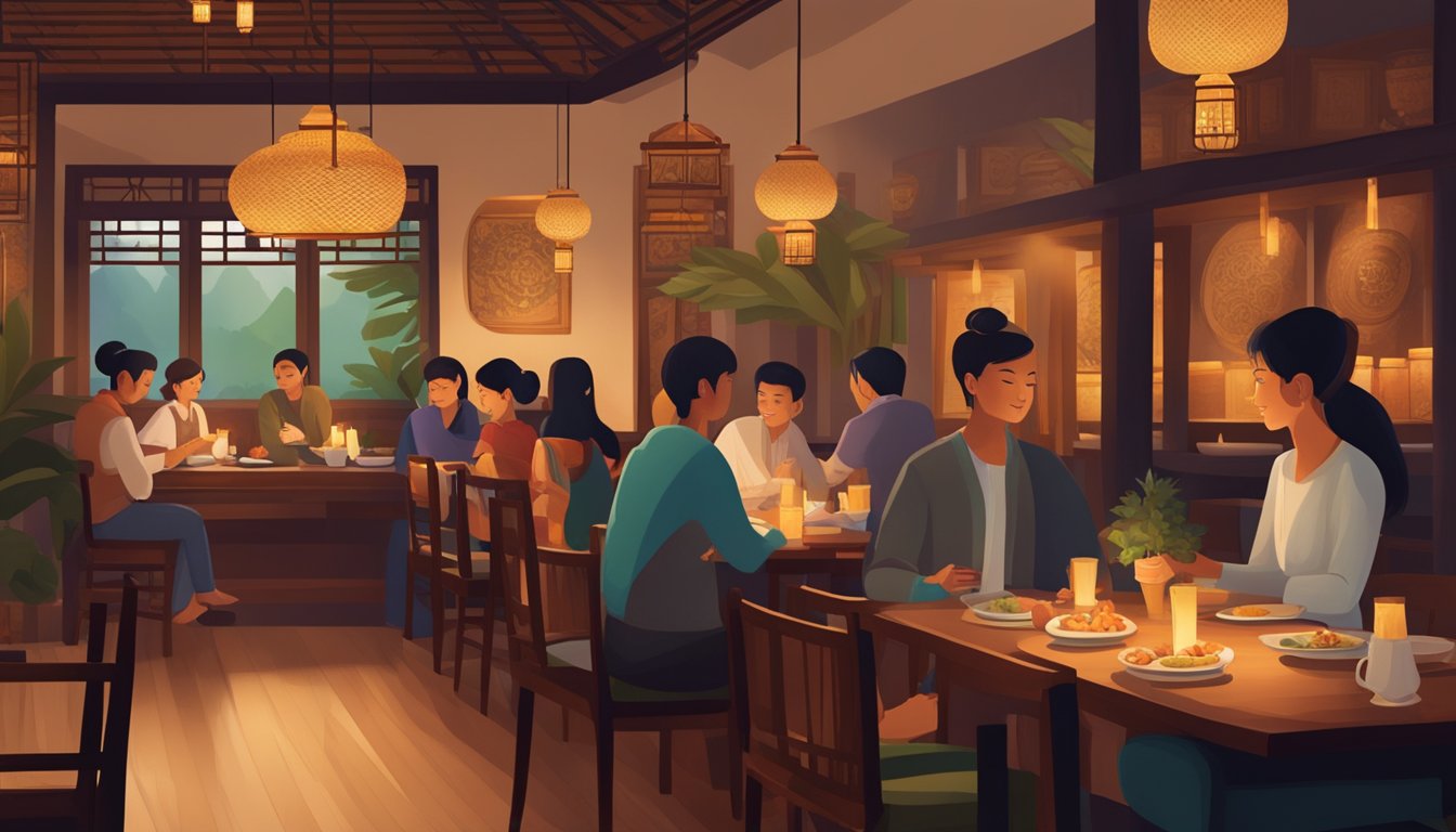 Customers enjoying a cozy Thai restaurant, with dim lighting and traditional decor. Aromatic dishes are being served by attentive waitstaff, creating a warm and inviting atmosphere