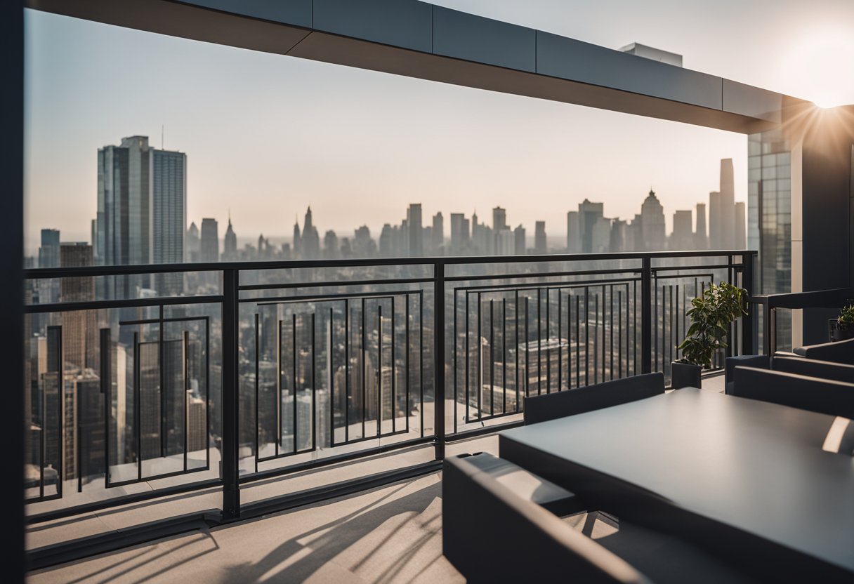 A modern balcony with sleek square pipe railings overlooking a city skyline. The design is minimalistic yet impactful, adding a touch of contemporary elegance to the outdoor space