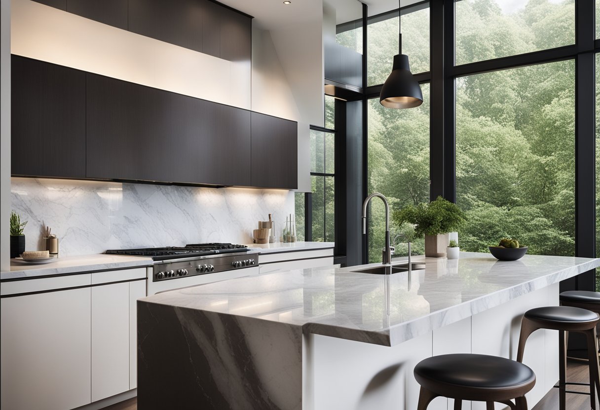 A sleek kitchen marble slab, with subtle grey veining, sits atop dark wood cabinets, bathed in natural light from a large window
