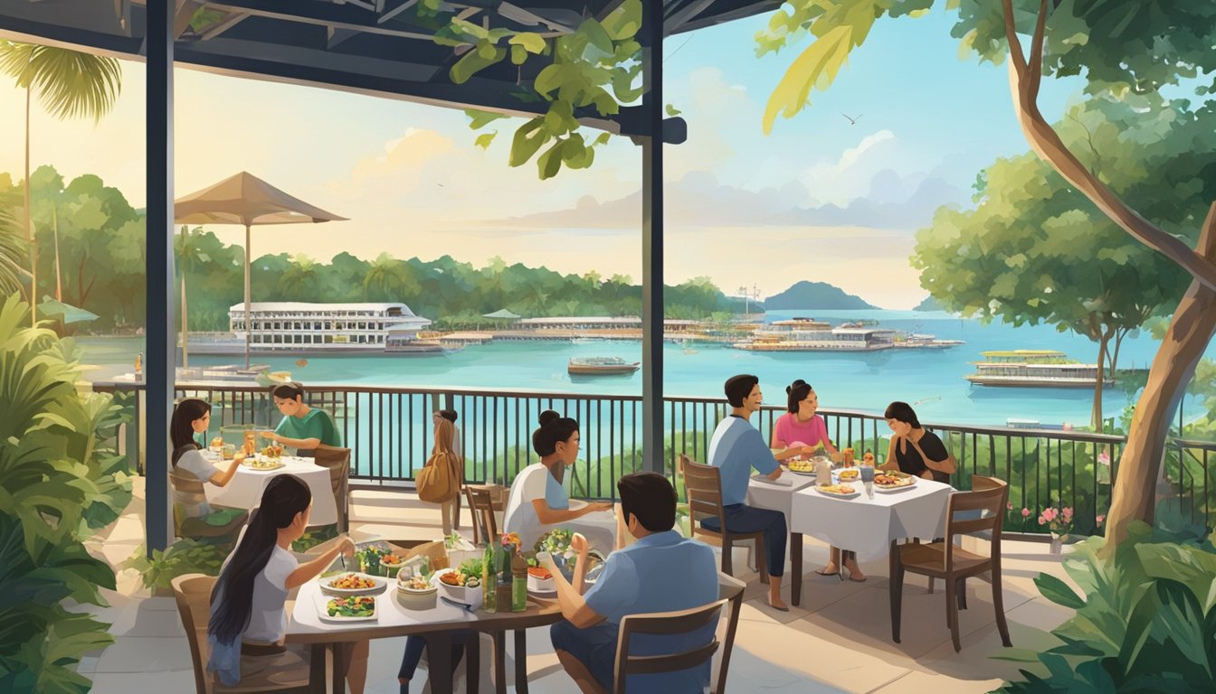 Diners enjoying a variety of international cuisines at outdoor tables with a view of the beach and lush greenery in Sentosa