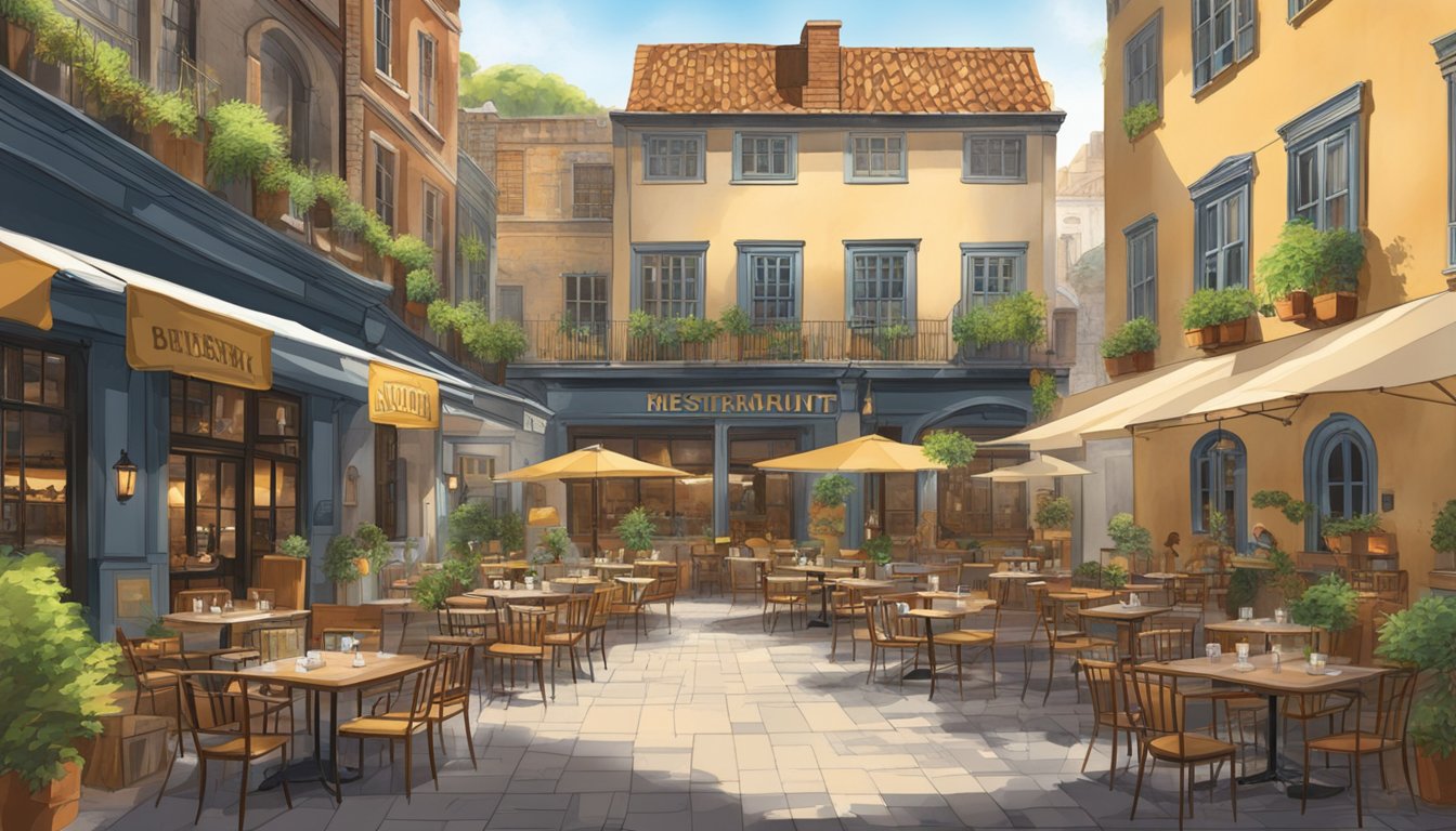 A bustling courtyard with various restaurant signs and outdoor seating, surrounded by historic architecture