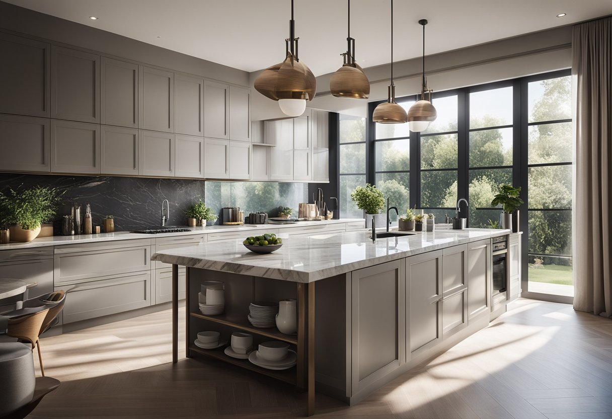 A spacious kitchen with sleek marble slabs, a large island, and modern appliances. Sunlight streams in through large windows, illuminating the elegant design