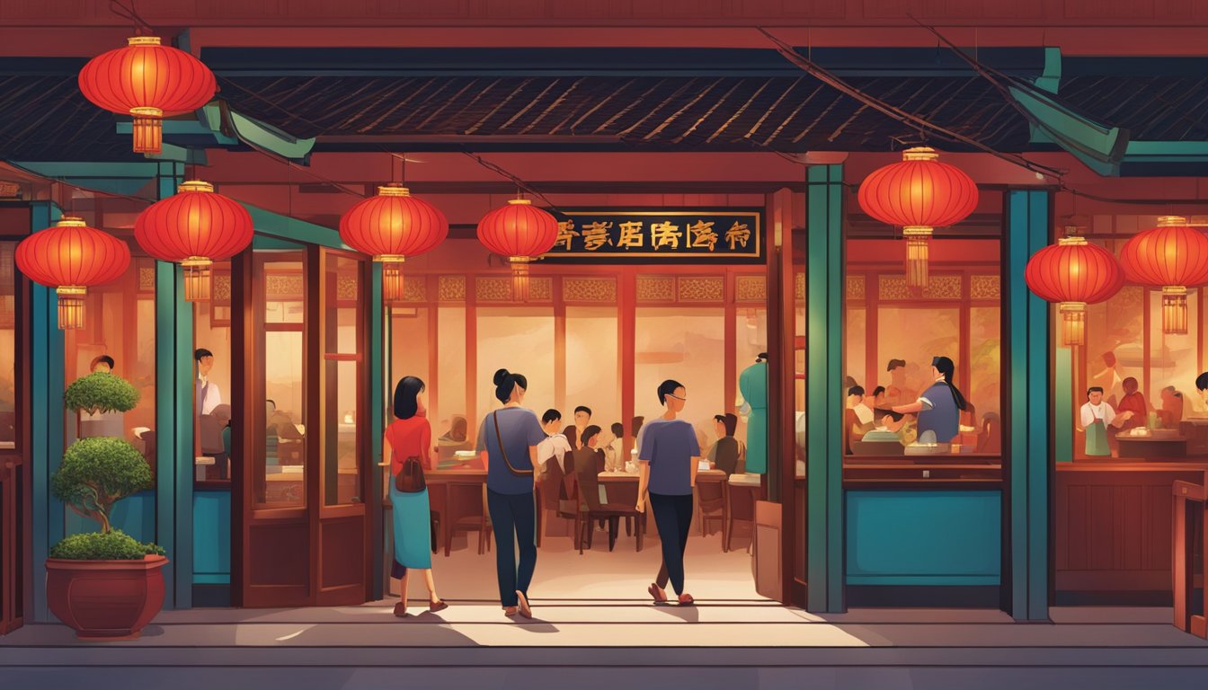 Customers entering Chin Lee restaurant, greeted by red lanterns, traditional decor, and the aroma of sizzling stir-fry