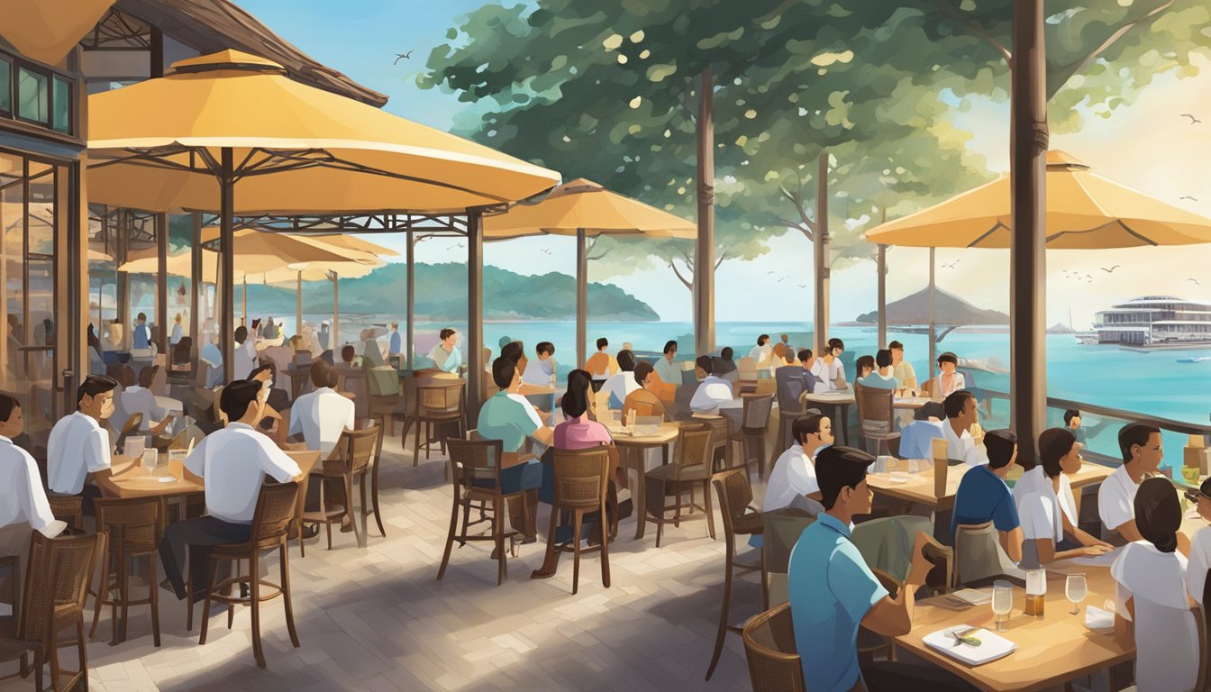 A bustling restaurant with a view of the ocean, patrons enjoying their meals, waitstaff attending to tables, and a sign displaying "Frequently Asked Questions" at Sentosa