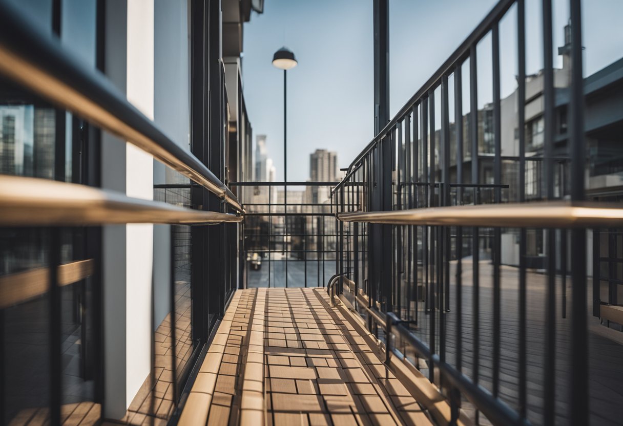 A square pipe railing design for a balcony, featuring clean lines and geometric shapes, with evenly spaced vertical and horizontal bars