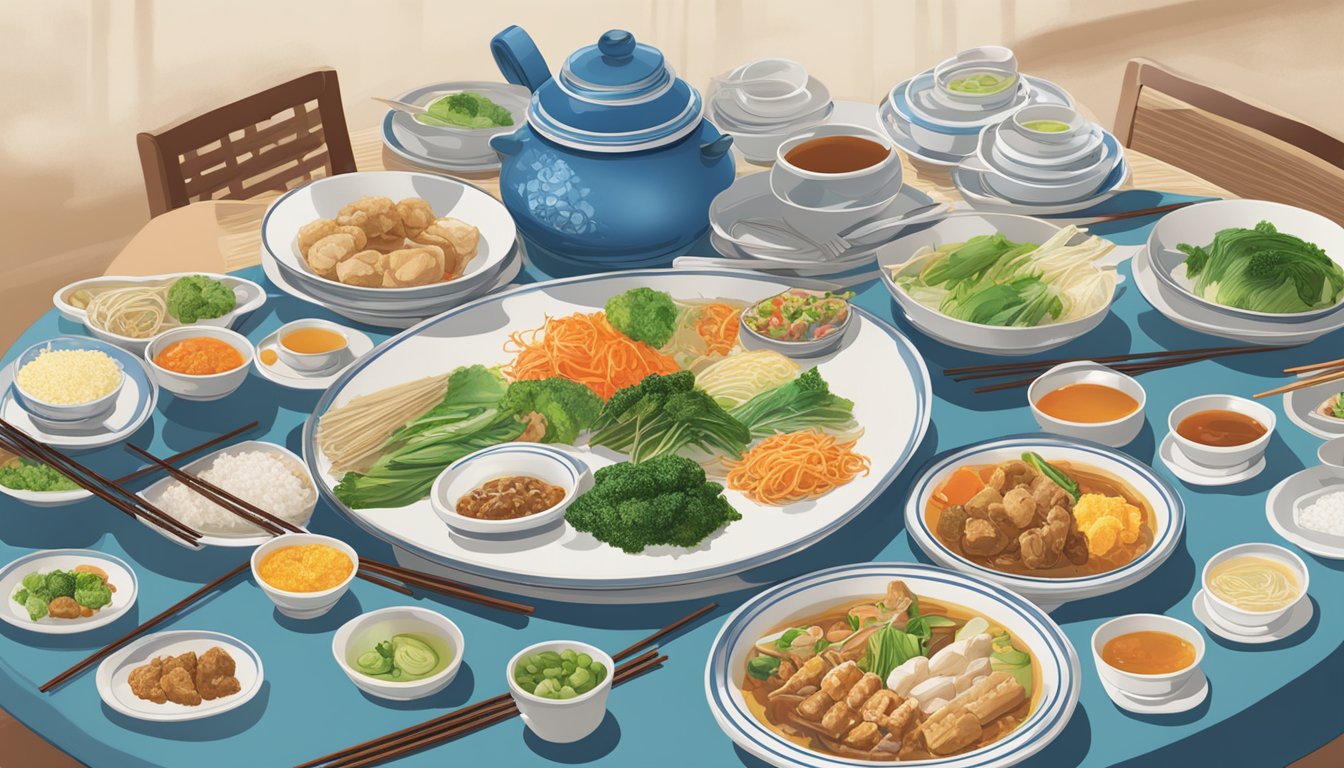 A table set with steaming dishes, chopsticks, and vibrant plates at Chin Lee Restaurant