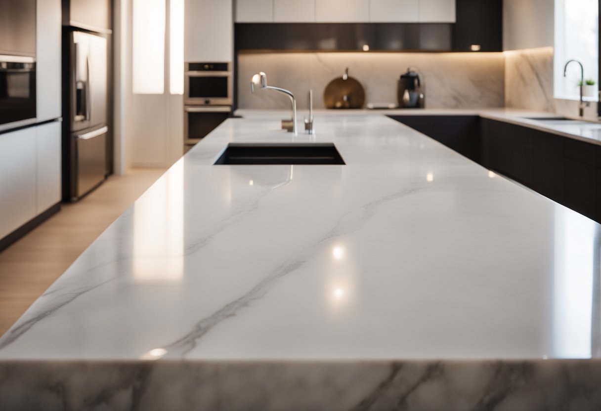 A sleek marble slab rests on a kitchen countertop, reflecting the warm glow of overhead lighting. Its smooth surface is adorned with subtle veining, adding a touch of elegance to the space