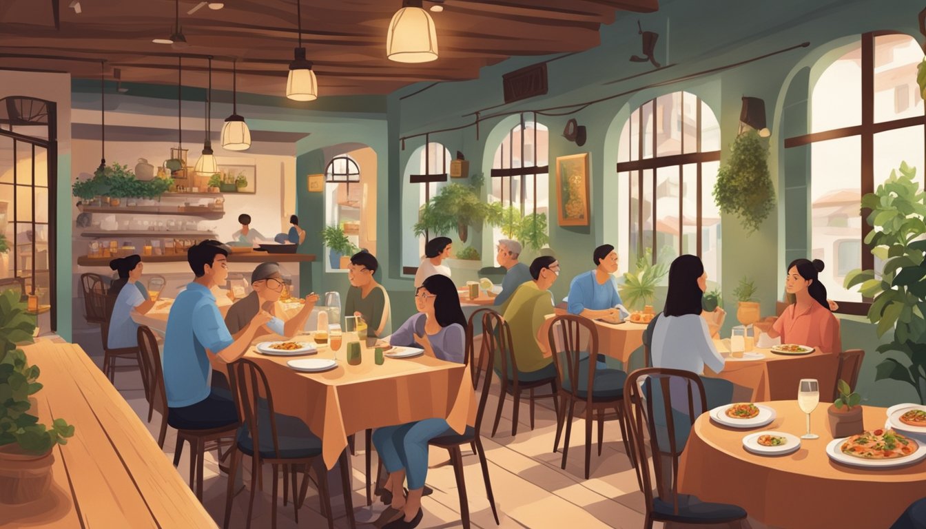 Customers enjoying authentic Italian cuisine in a cozy Singaporean restaurant, surrounded by rustic decor and the aroma of freshly baked pizza and pasta dishes