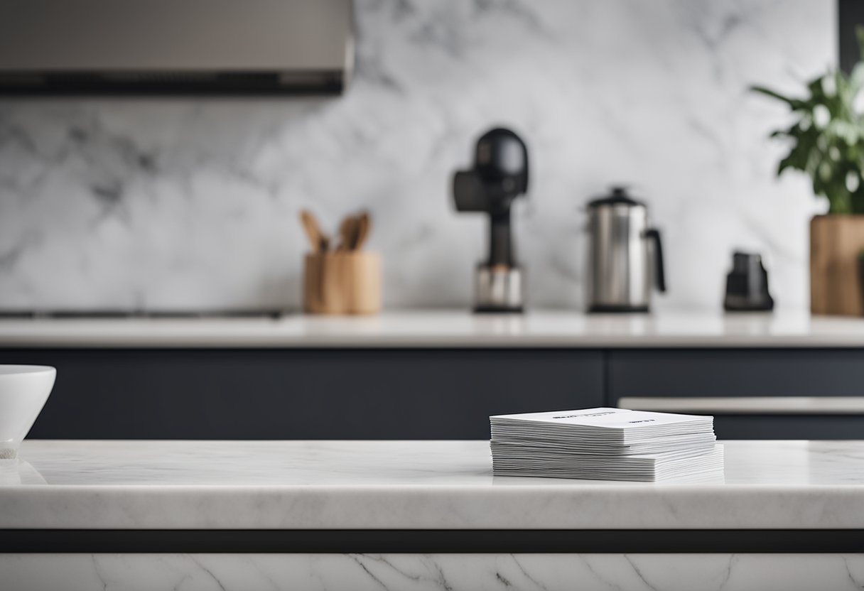 A sleek marble slab sits on a modern kitchen counter, adorned with a stack of neatly organized FAQ cards