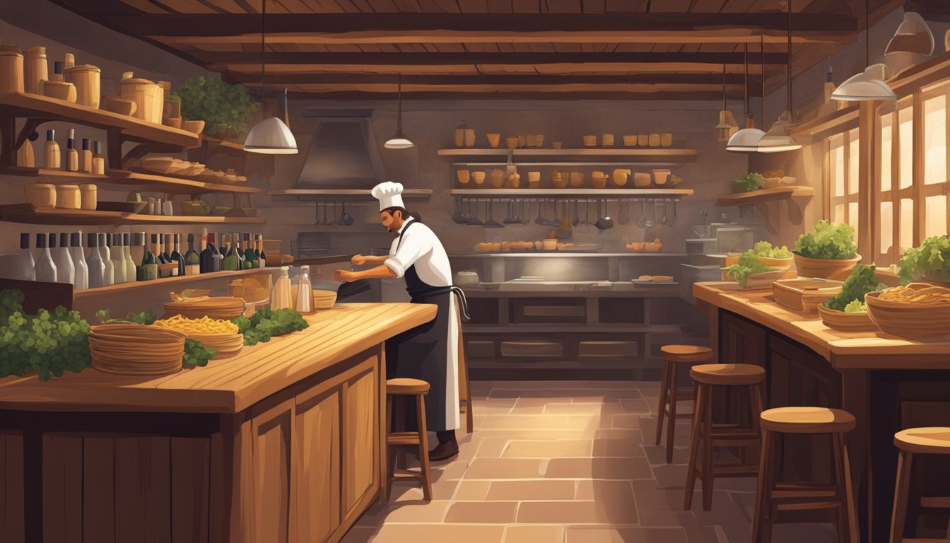 A cozy Italian restaurant with dim lighting, rustic wooden furniture, and shelves lined with wine bottles. A chef prepares fresh pasta in an open kitchen while aromas of garlic and herbs fill the air
