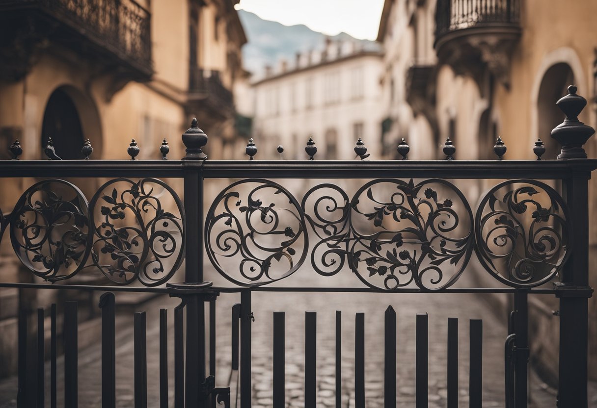 A wrought iron balcony gate with intricate floral patterns and swirling designs, set against a backdrop of a historic European cityscape