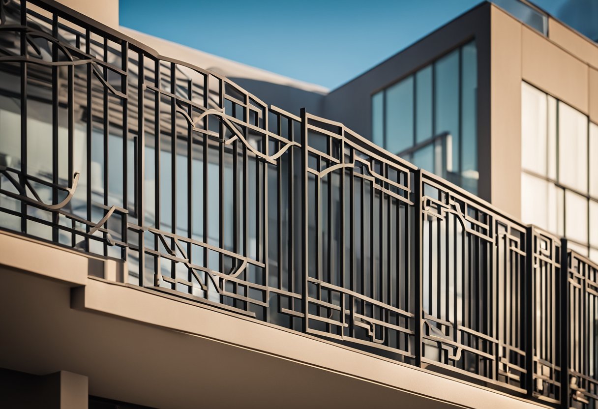 A sleek, modern balcony gate design featuring clean lines and geometric patterns. Material selection includes durable wrought iron or sleek stainless steel