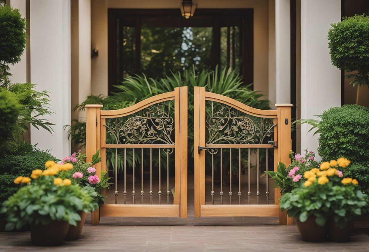 A wooden balcony gate swings open, revealing a simple yet elegant design with intricate patterns and decorative accents. The gate is surrounded by lush green plants and colorful flowers, creating a cozy and inviting atmosphere
