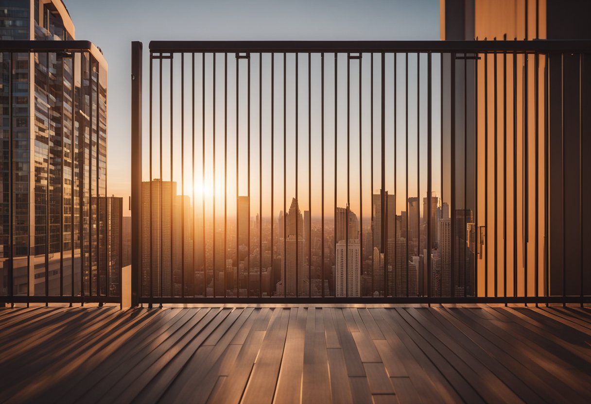 A sleek, modern balcony gate with geometric patterns and clean lines, set against a backdrop of a city skyline at sunset