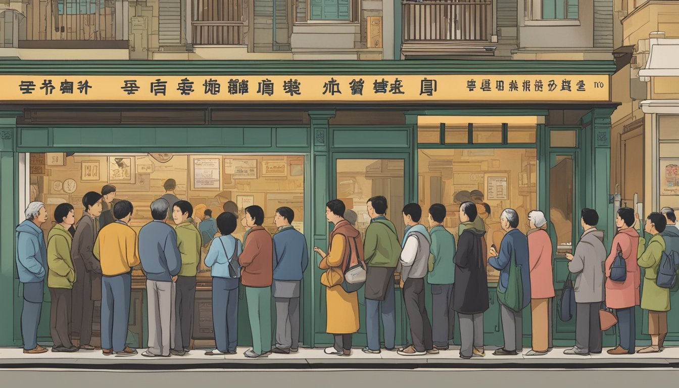 Customers line up outside Chin Lee restaurant, eagerly waiting to satisfy their hunger. A sign displays "Frequently Asked Questions" to guide patrons