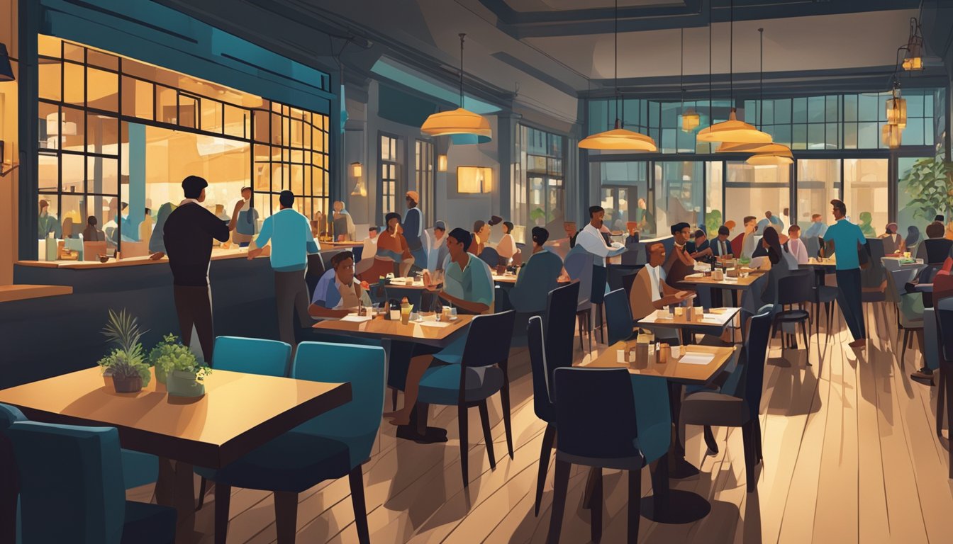 A bustling restaurant with modern decor, dim lighting, and a vibrant atmosphere. Tables are filled with diners enjoying their meals while waitstaff move gracefully between them