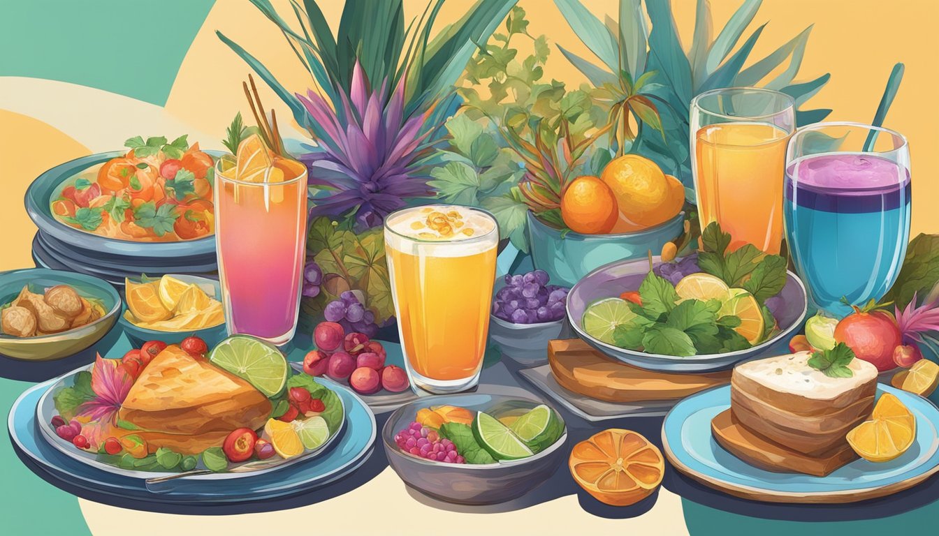 An array of colorful dishes and drinks arranged on a table, with vibrant ingredients and decorative garnishes. The menu is displayed prominently, showcasing the restaurant's signature dishes