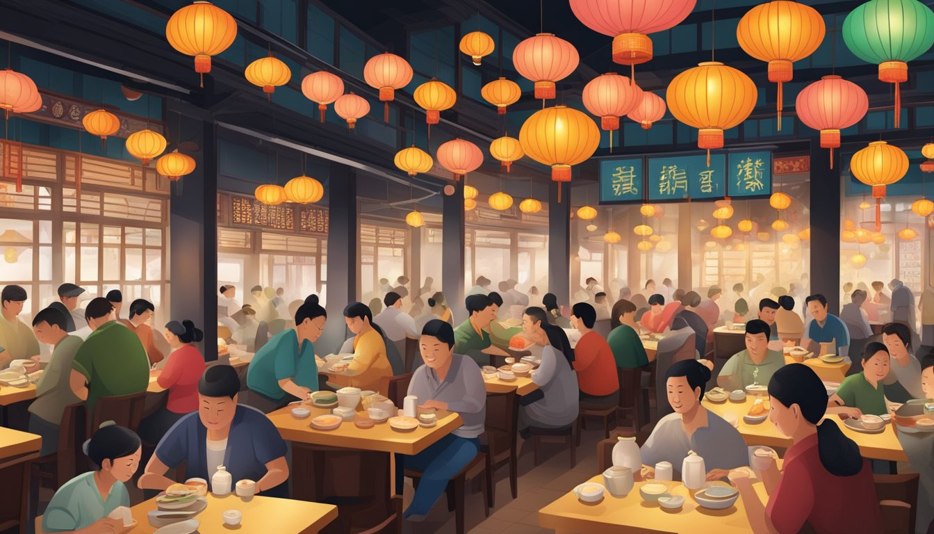 A bustling beng hiang restaurant with colorful lanterns, steaming woks, and tables filled with delicious dim sum and traditional Chinese dishes