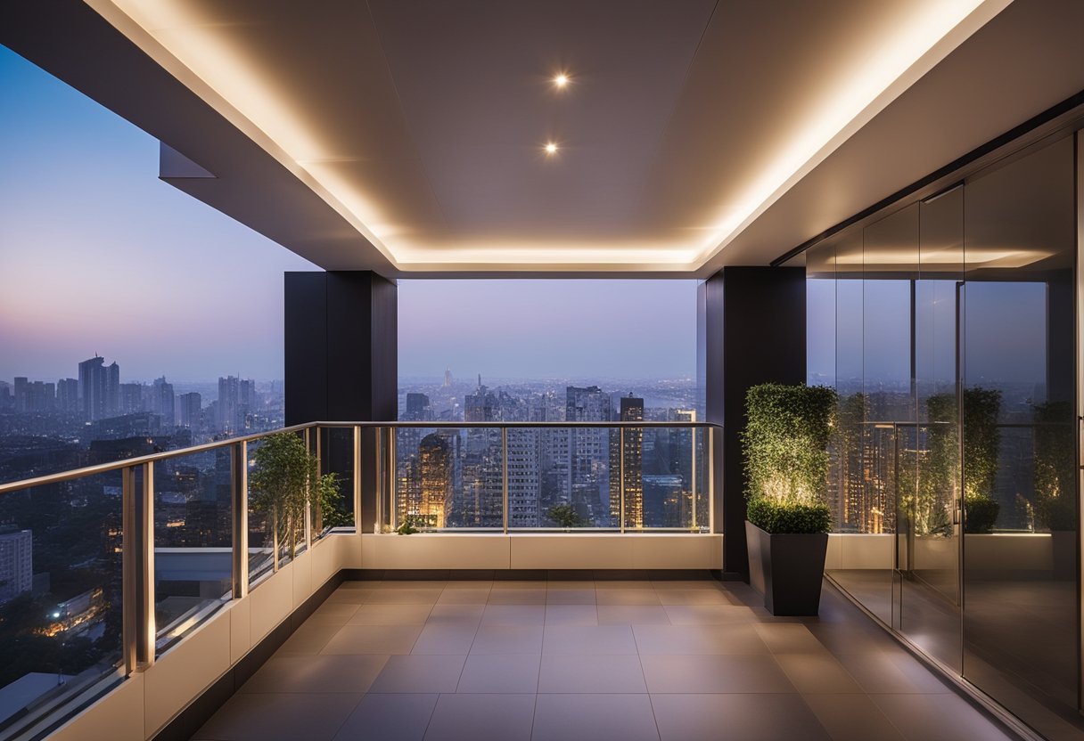 A modern balcony with a sleek false ceiling design, featuring recessed lighting and geometric patterns